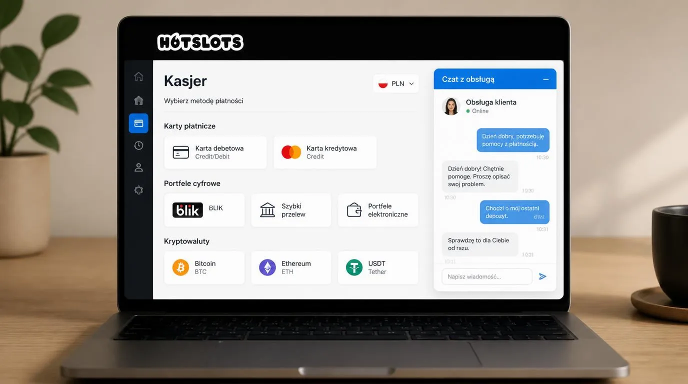 Panel kasy z walutą PLN, wyborem płatności i oknem czatu obok laptopa