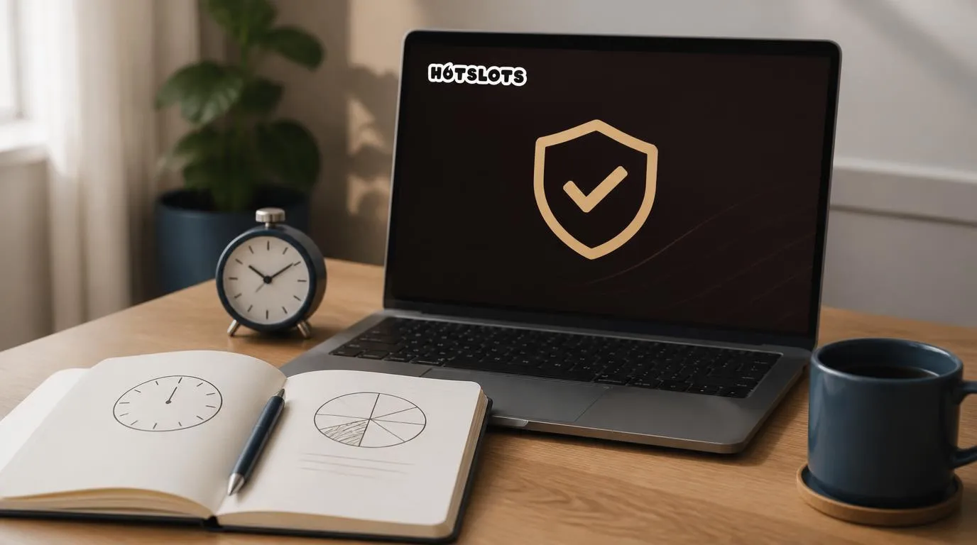 Laptop z symbolem tarczy obok zegara i notesu do planowania czasu oraz budżetu rozrywkowego