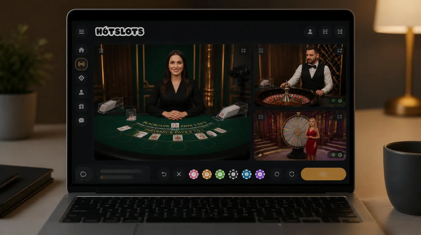 Krupierka przy stole blackjacka i transmisja ruletki na ekranie laptopa w eleganckim studiu kasyna