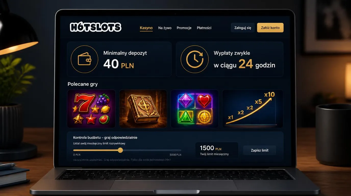 Makieta panelu kasyna z depozytem 40 PLN, czasem wypłaty i kafelkami gier na ekranie laptopa